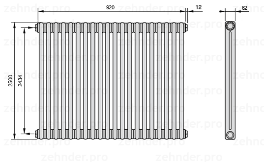 Схема (чертеж) Радиатор Zehnder Charleston 2250/20 №1270 Белый глянцевый RAL 9016
